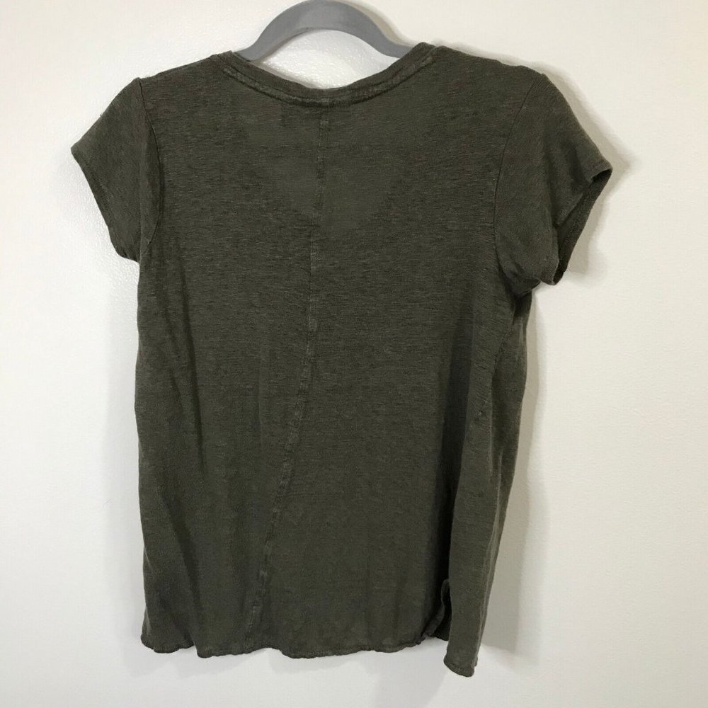 Tahari T-shirt 100% Linen Small Olive Green Asymmetrical V-Neck Knit Blouse - Picture 5 of 7